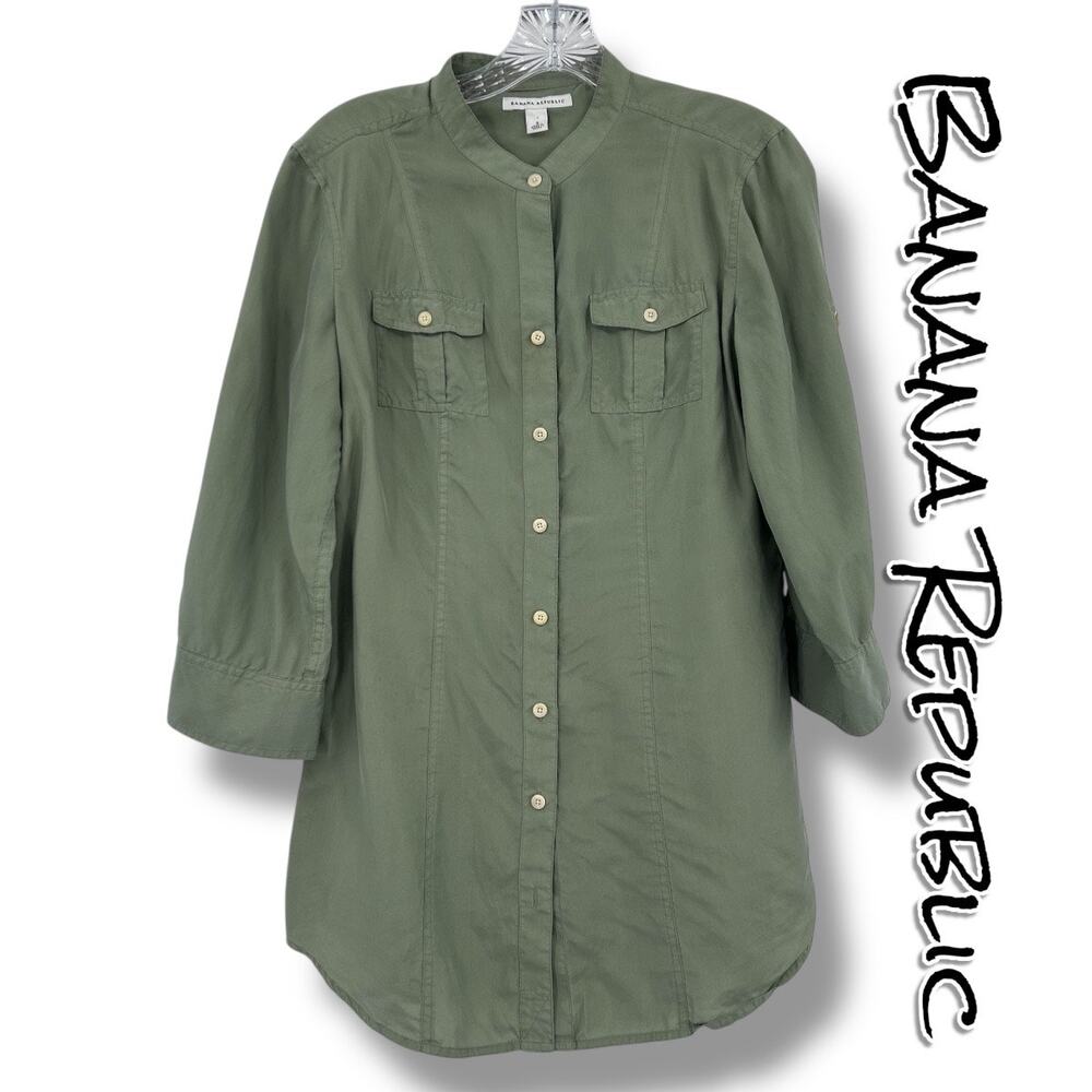 Banana Republic Olive Green Silk Utility Shirt Roll Tab Sleeves Womens Sz Small